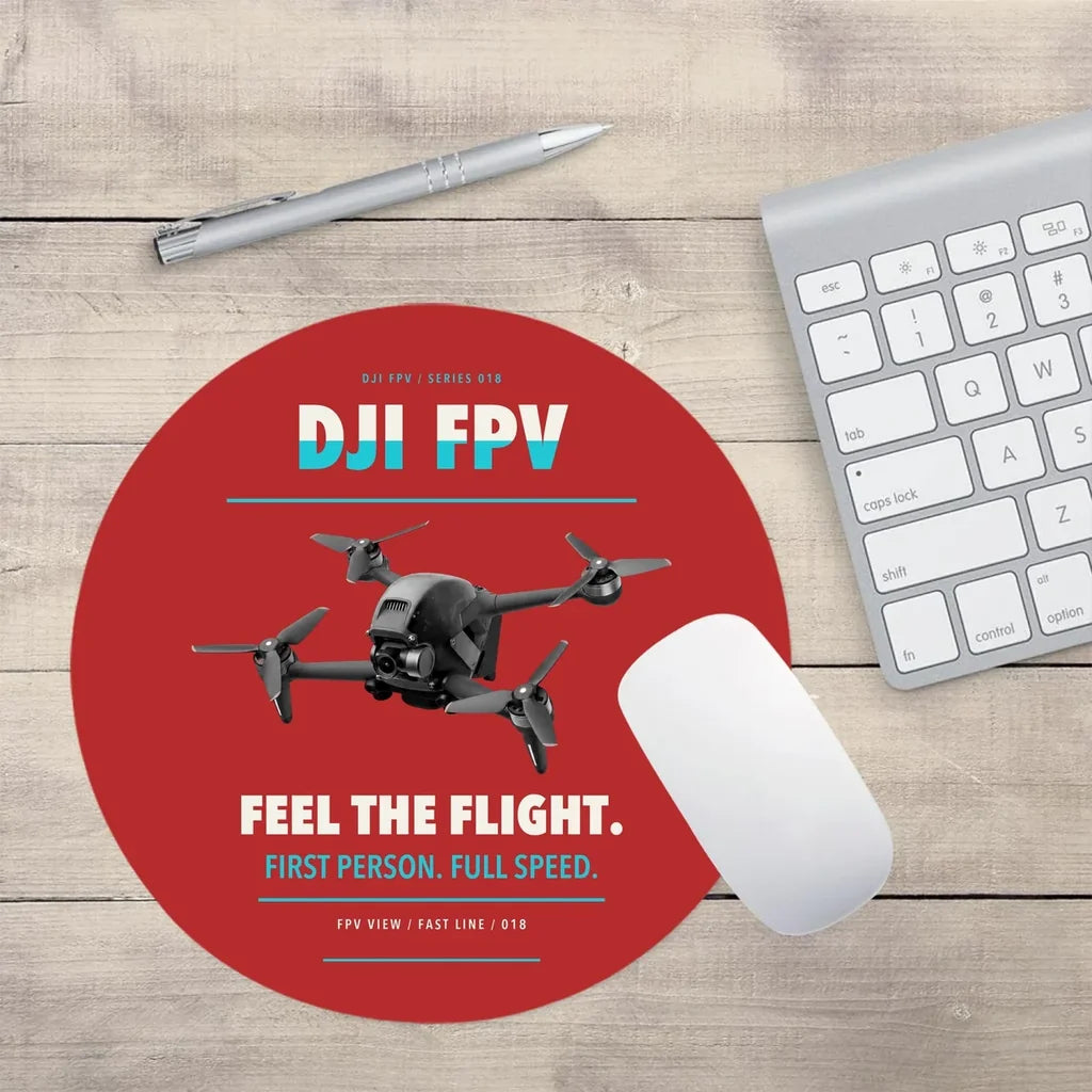 DJI FPV design on red round mouse pad