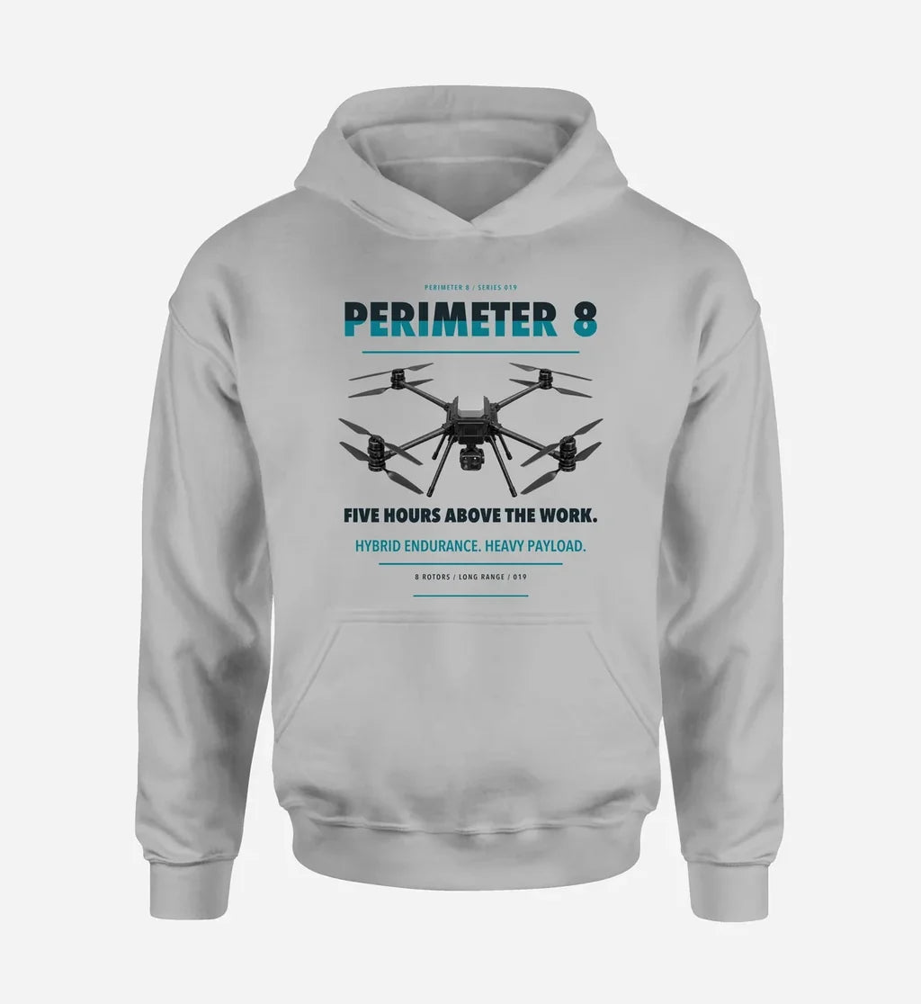 Skyfront Perimeter 8 design on light gray hoodie single side