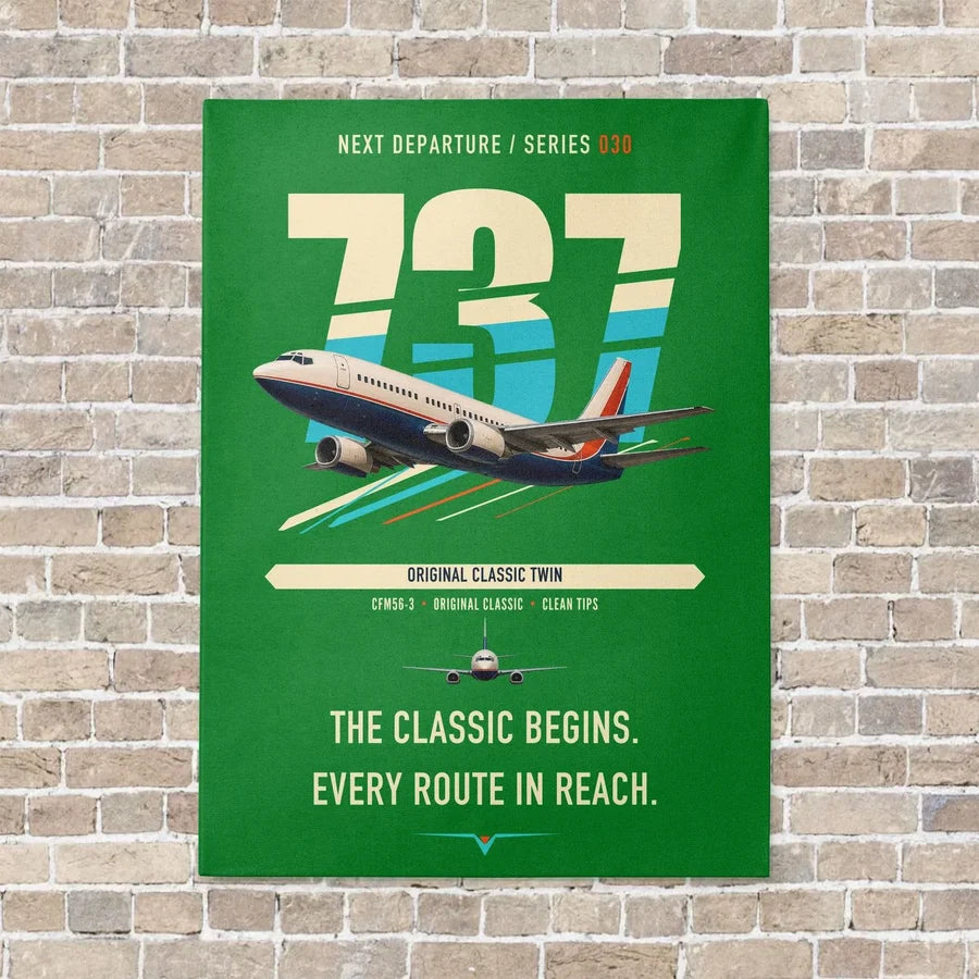 Boeing 737-300 Classic vertical canvas print - no frame - green background