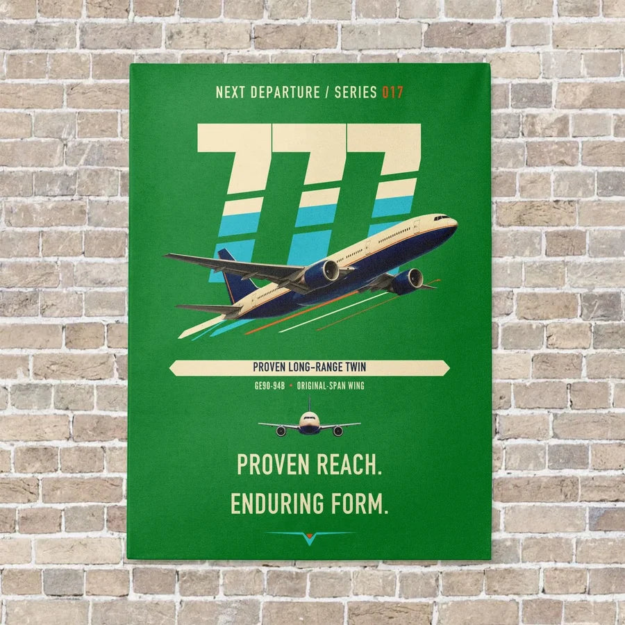 Boeing 777-200ER vertical canvas print - no frame - green background