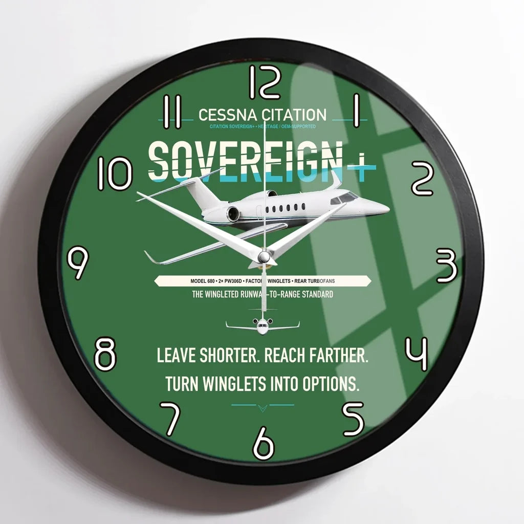 Cessna Citation Sovereign+ design on green framed wall clock