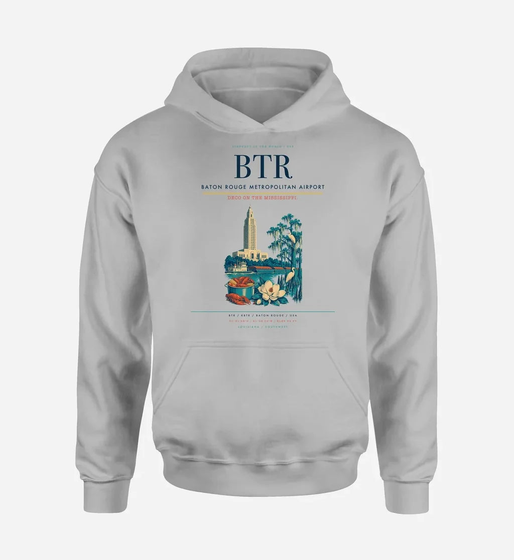 Baton Rouge Metropolitan Airport (BTR) design on light gray hoodie single-side print