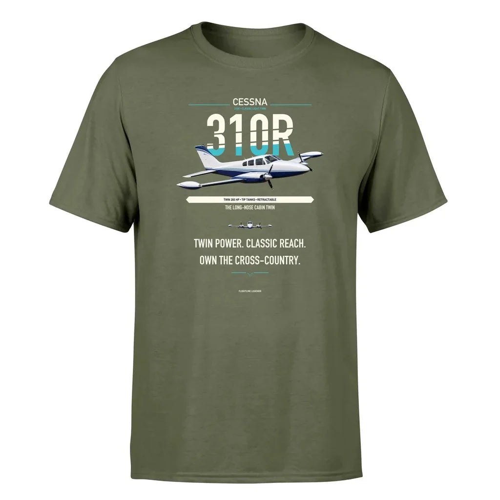 Cessna 310R design on green army double-side t-shirt, single-side print