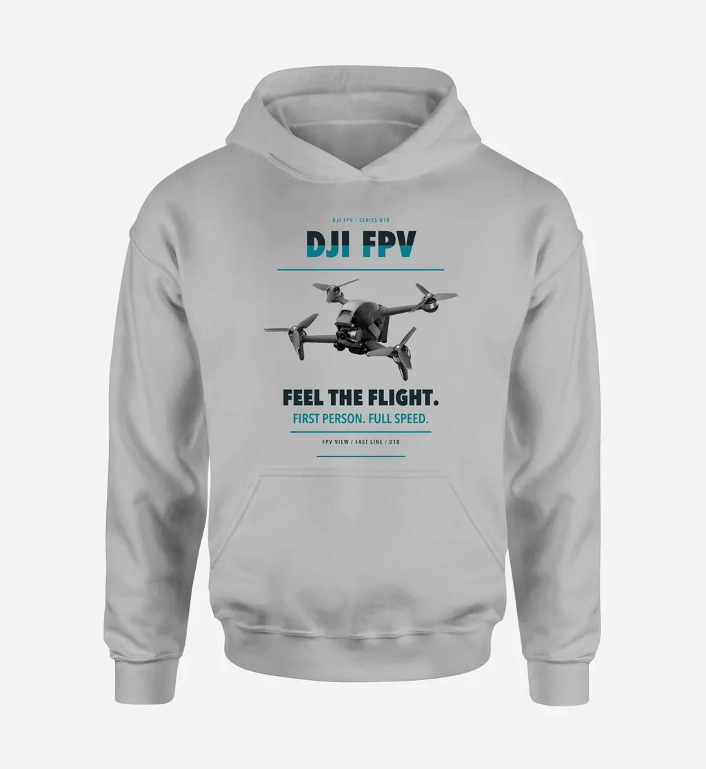 DJI FPV design on light gray hoodie single side