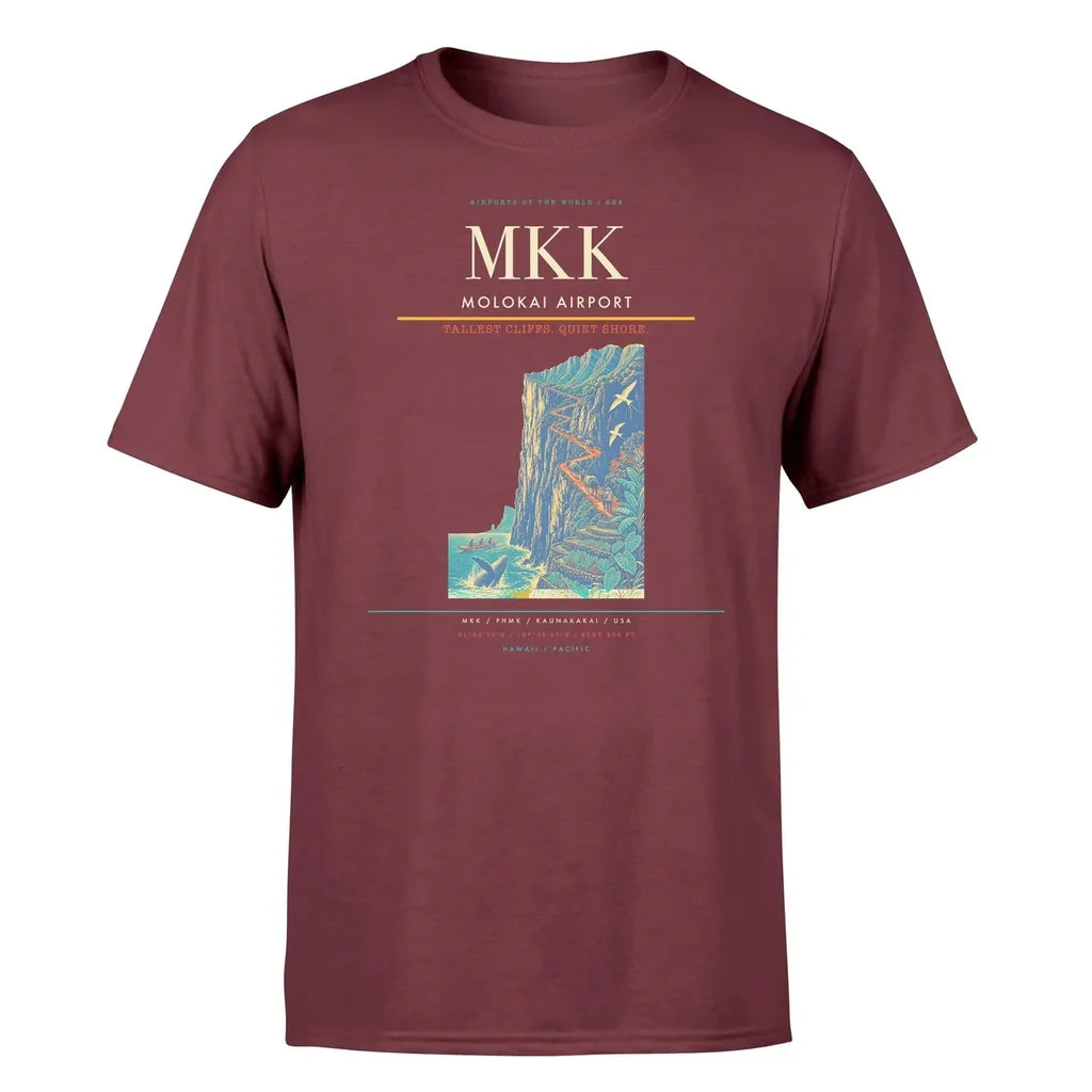 Molokai Airport (MKK) T-Shirt single-side front print in Dark Red | molokai-airport-mkk-double-side-t-shirt