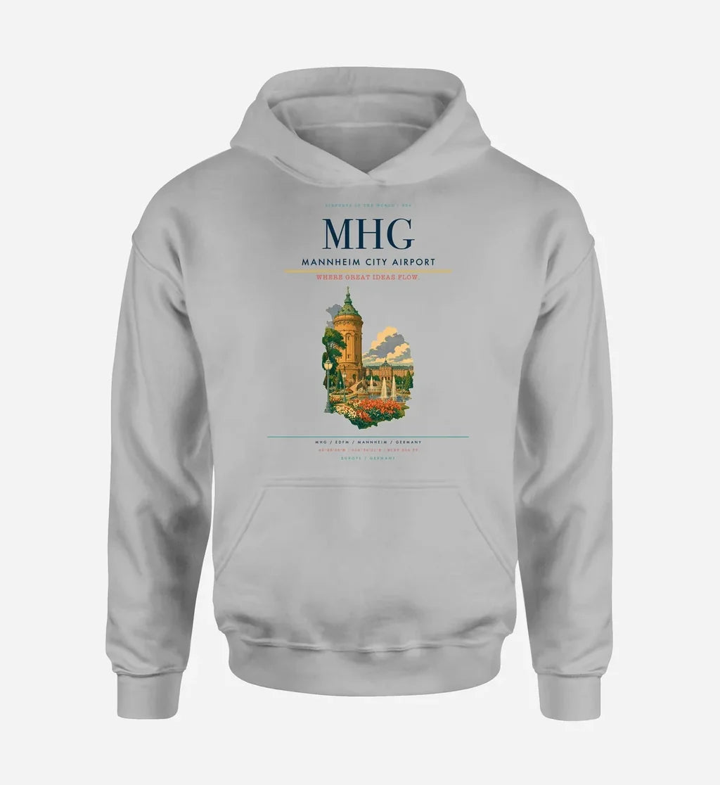 Mannheim City Airport (MHG) design on light gray hoodie single-side print