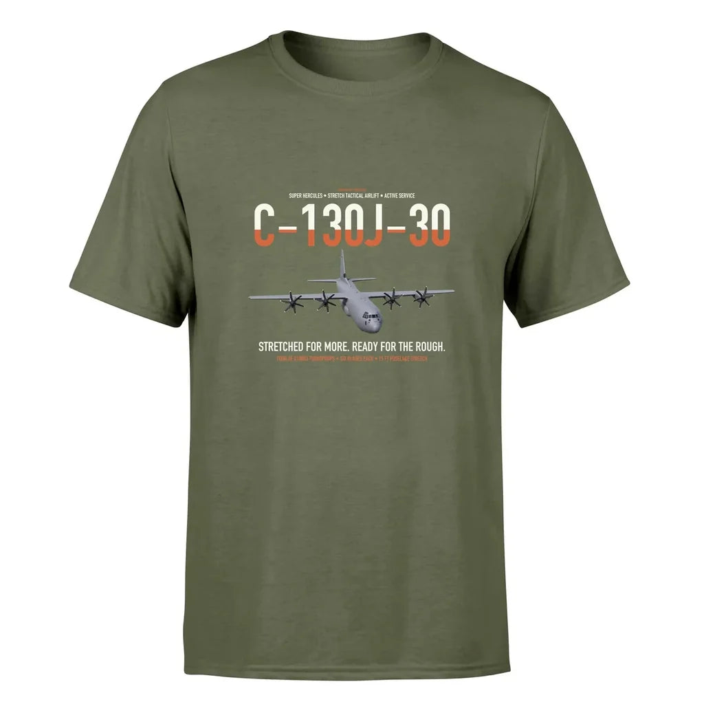 C-130J-30 Super Hercules design on green army double-side t-shirt, single-side print