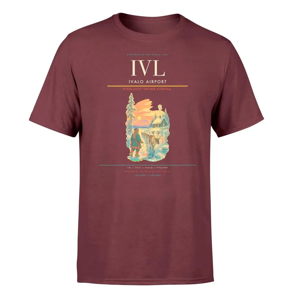 Ivalo Airport (IVL) T-Shirt single-side front print in Dark Red | ivalo-airport-ivl-double-side-t-shirt
