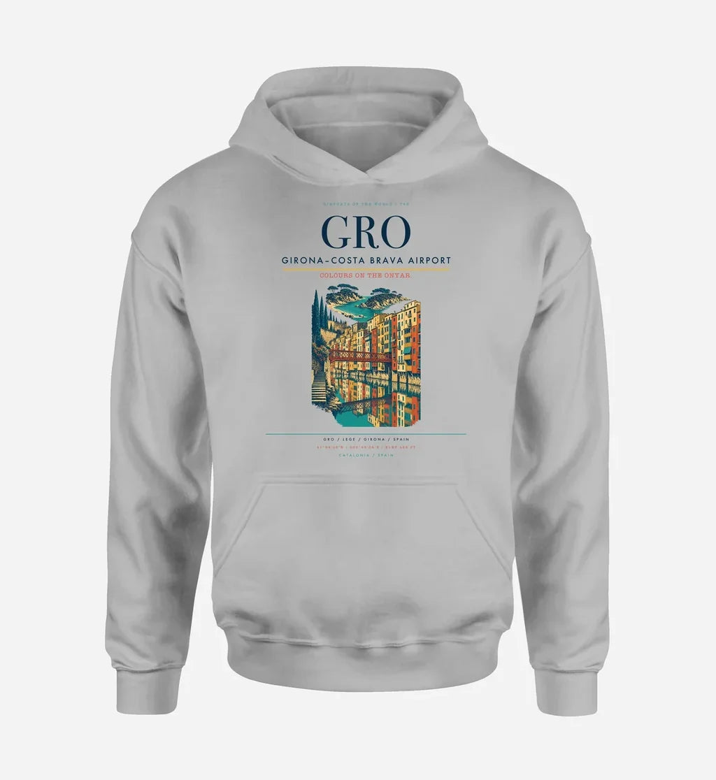 Girona–Costa Brava Airport (GRO) design on light gray hoodie single-side print