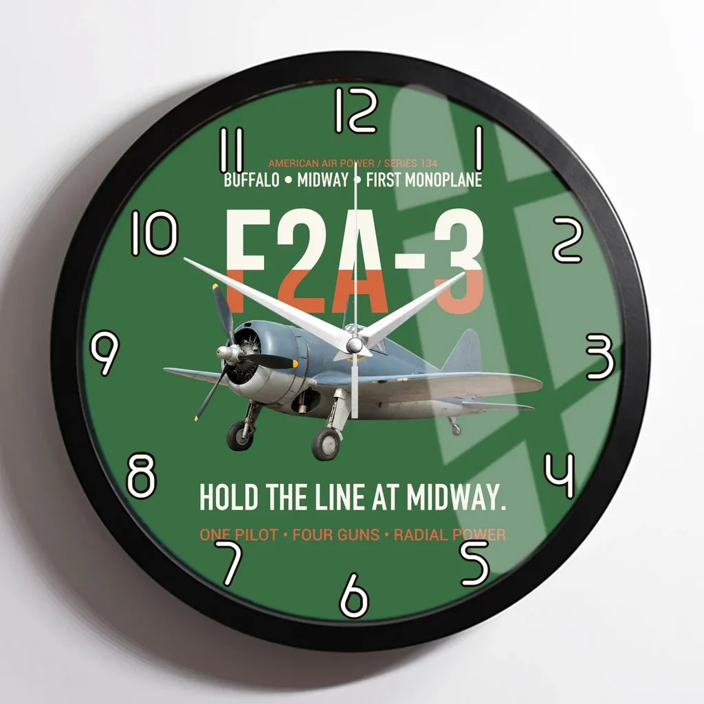 F2A-3 Buffalo Hold the Line at Midway design on green framed wall clock