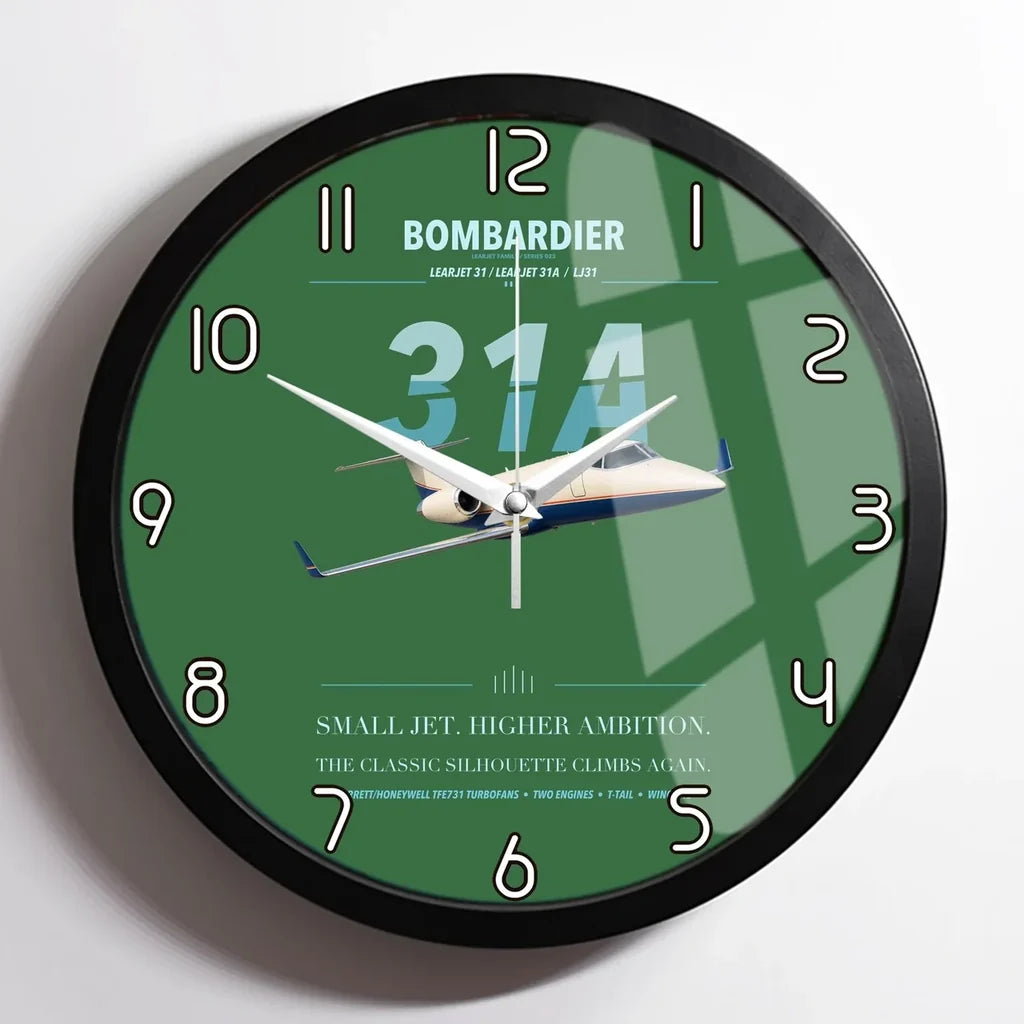 Bombardier Learjet 31A design on green framed wall clock
