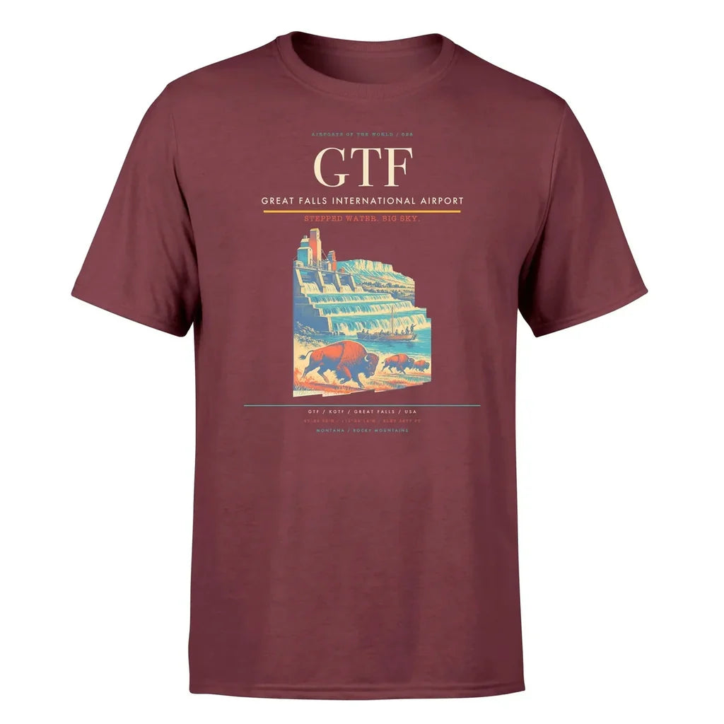Great Falls International Airport (GTF) T-Shirt single-side front print in Dark Red | great-falls-international-airport-gtf-double-side-t-shirt