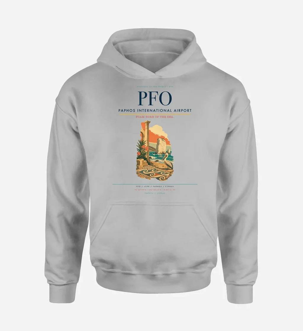 Paphos International Airport (PFO) design on light gray hoodie single-side print