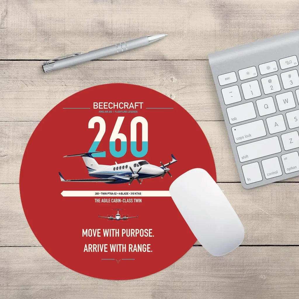 Beechcraft King Air 260 design on red round mouse pad