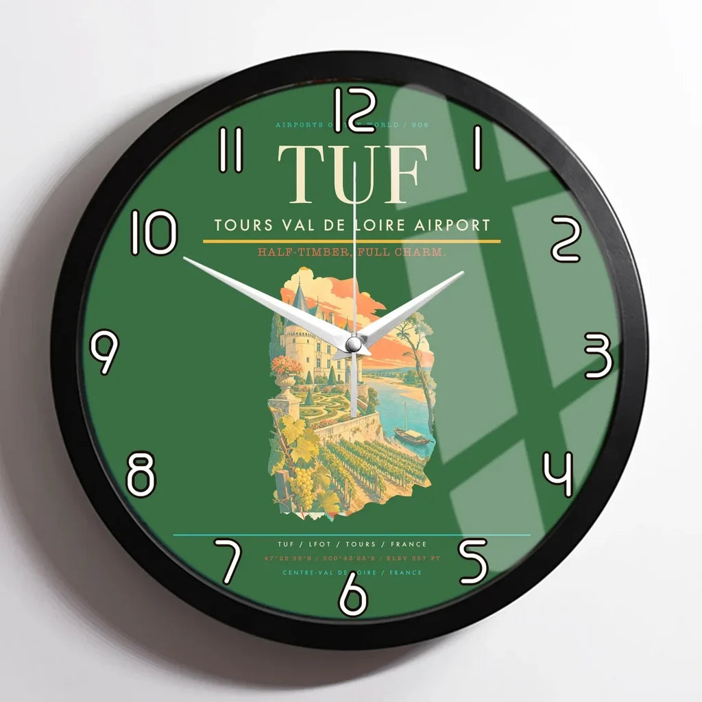 Tours Val de Loire Airport (TUF) design on green framed wall clock