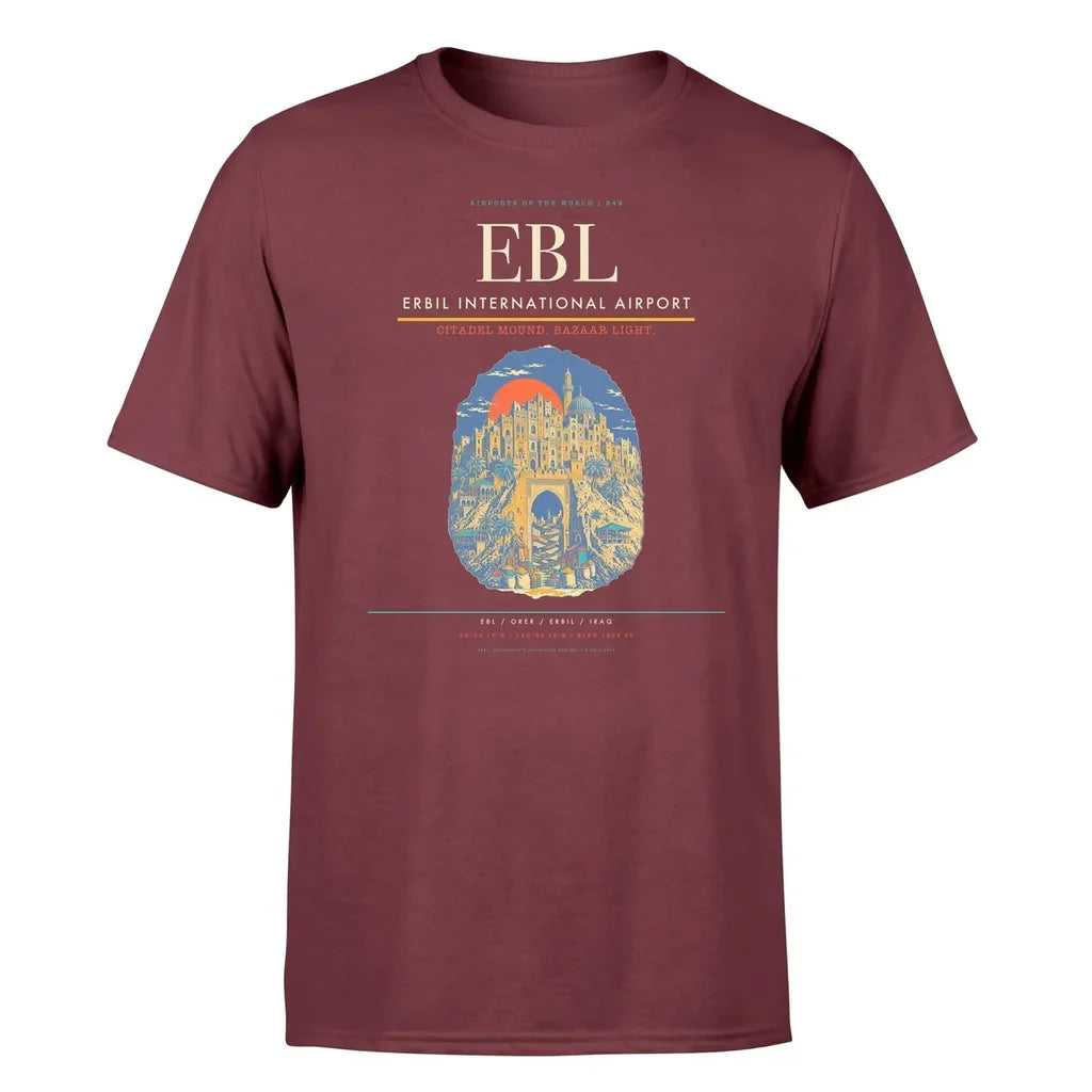Erbil International Airport (EBL) T-Shirt single-side front print in Dark Red | erbil-international-airport-ebl-double-side-t-shirt
