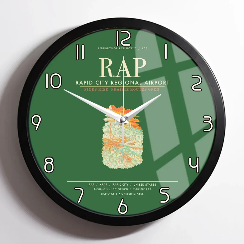 Rapid City Regional Airport (RAP) design on green framed wall clock