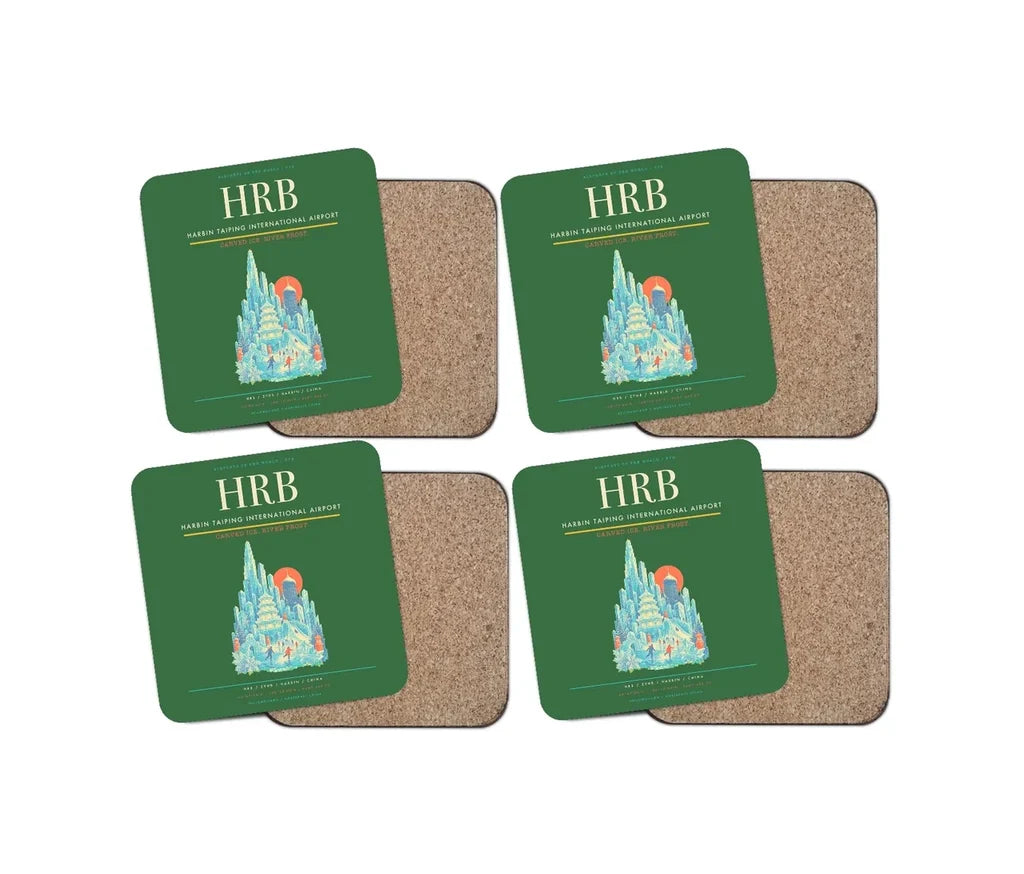 Harbin Taiping International Airport (HRB) design on green 4 pieces set coaster