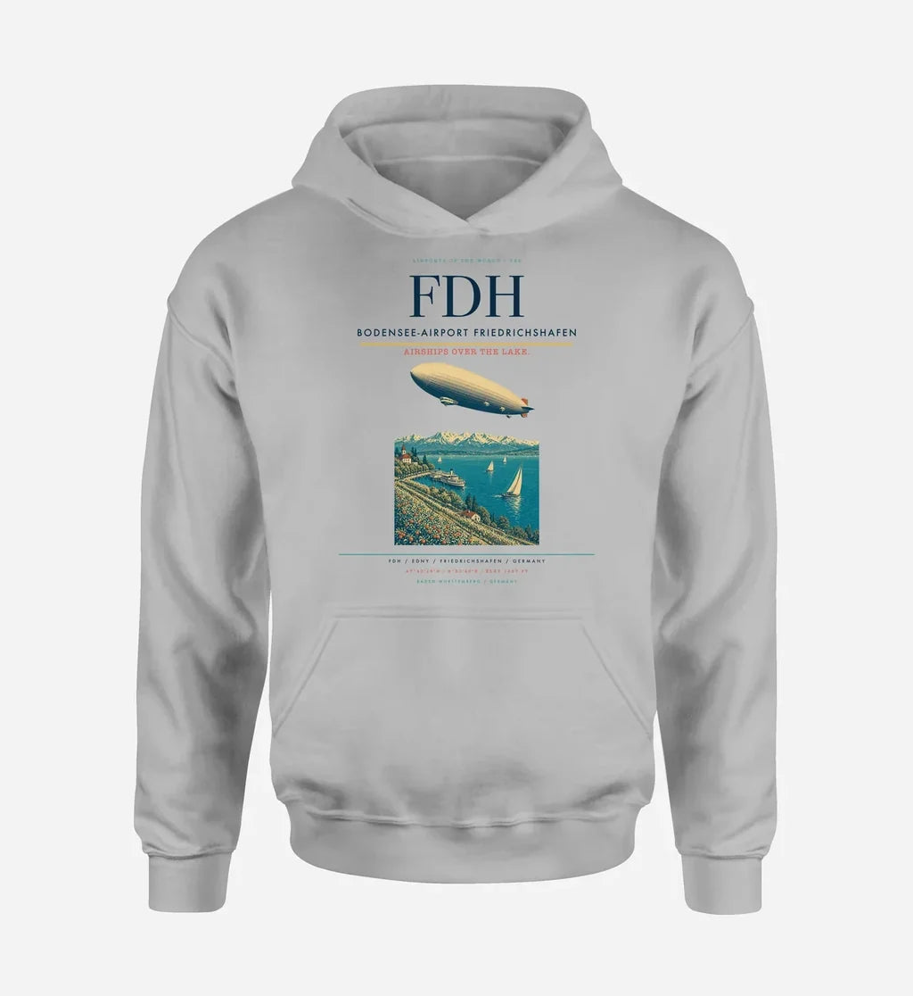 Bodensee-Airport Friedrichshafen (FDH) design on light gray hoodie single-side print