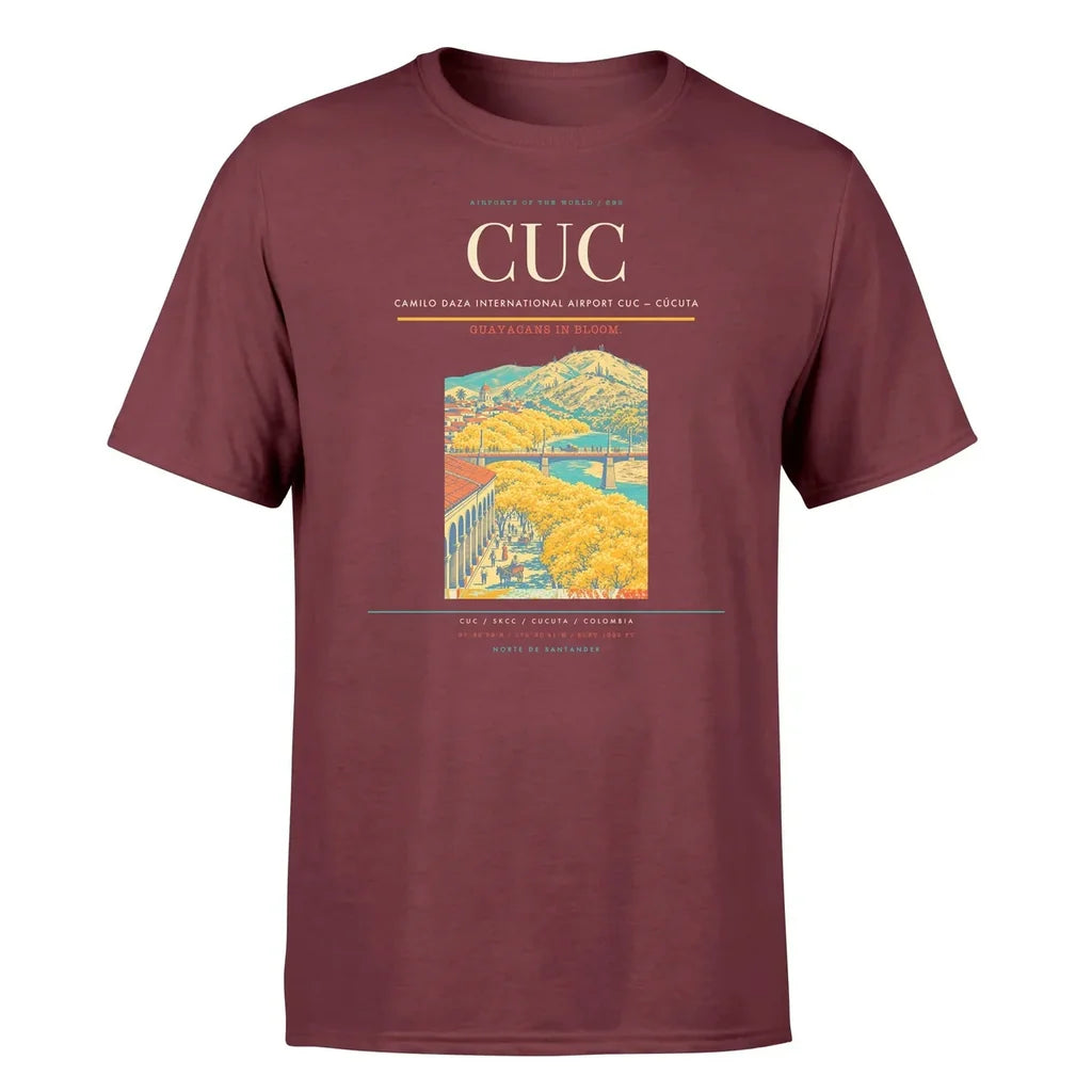 Camilo Daza International Airport (CUC) T-Shirt single-side front print in Dark Red | camilo-daza-international-airport-cuc-double-side-t-shirt