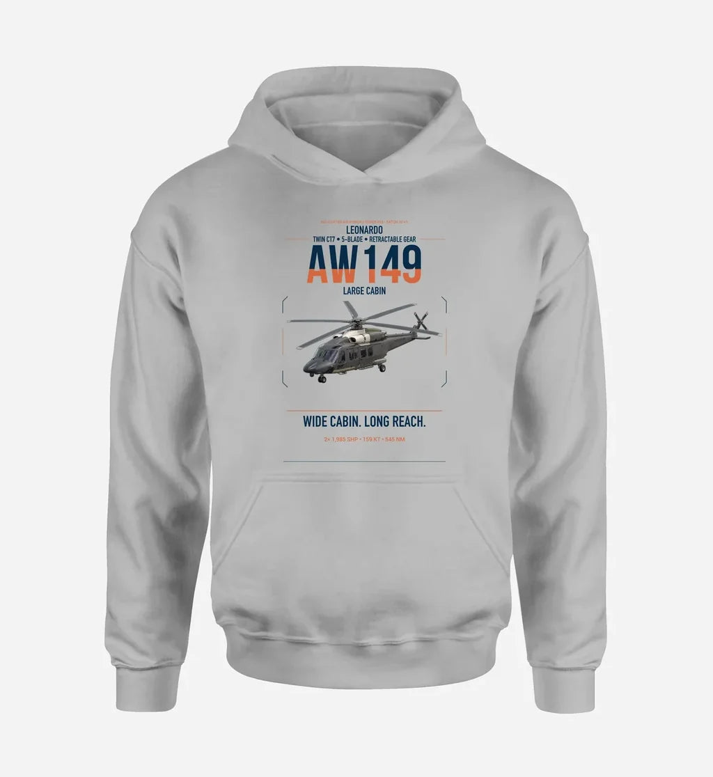 Leonardo AW149 design on light gray double-side hoodie, single-side print
