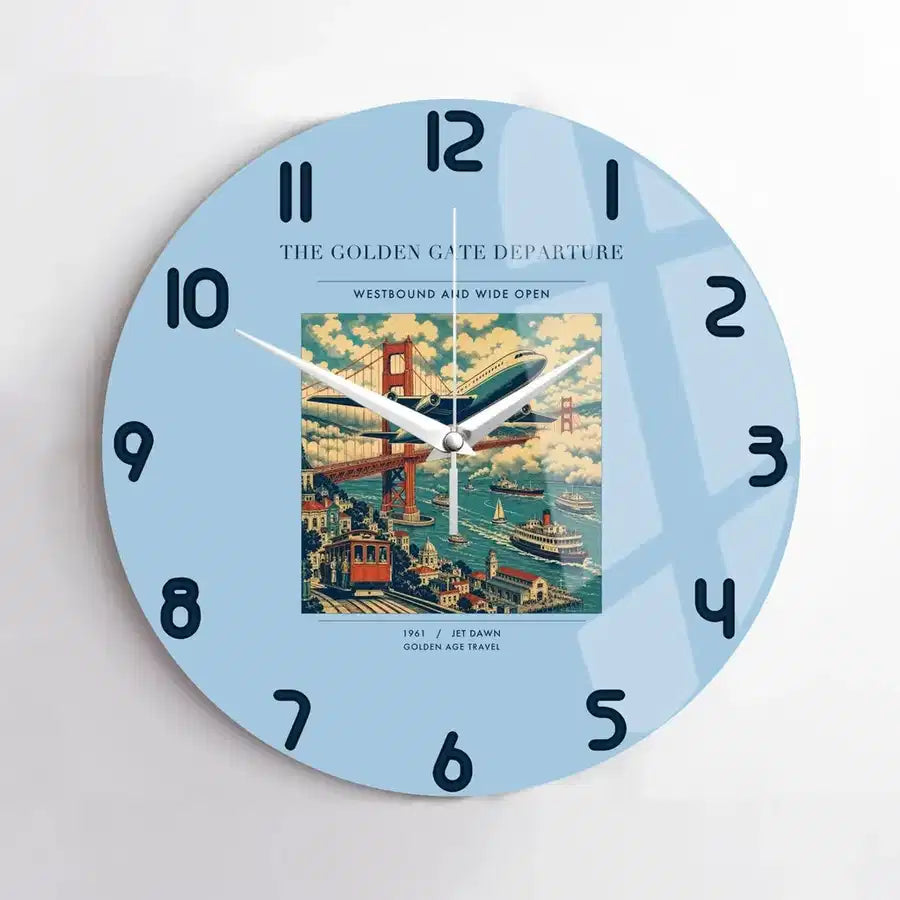 VINTAGE G4116 - The Golden Gate Departure - Designed Wall Clocks design on lightblue no-frame