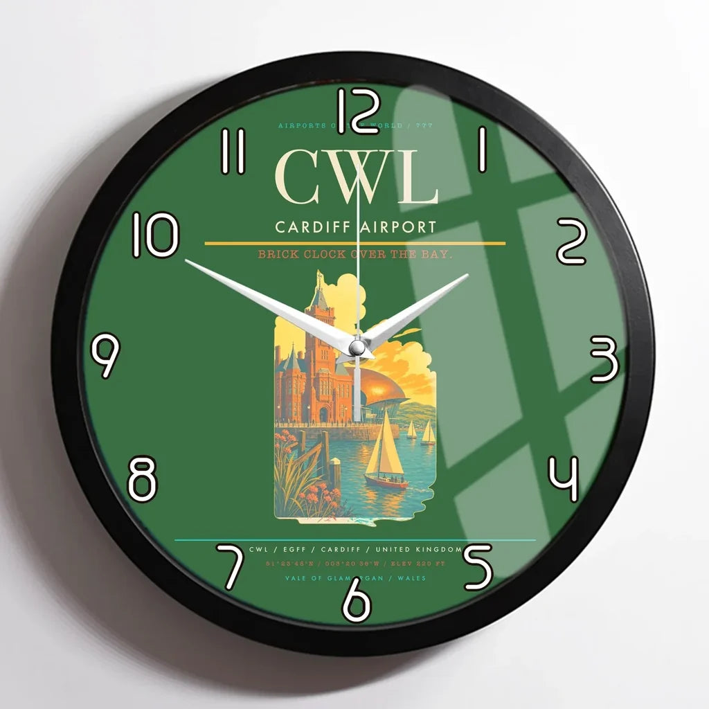 Cardiff Airport (CWL) design on green framed wall clock