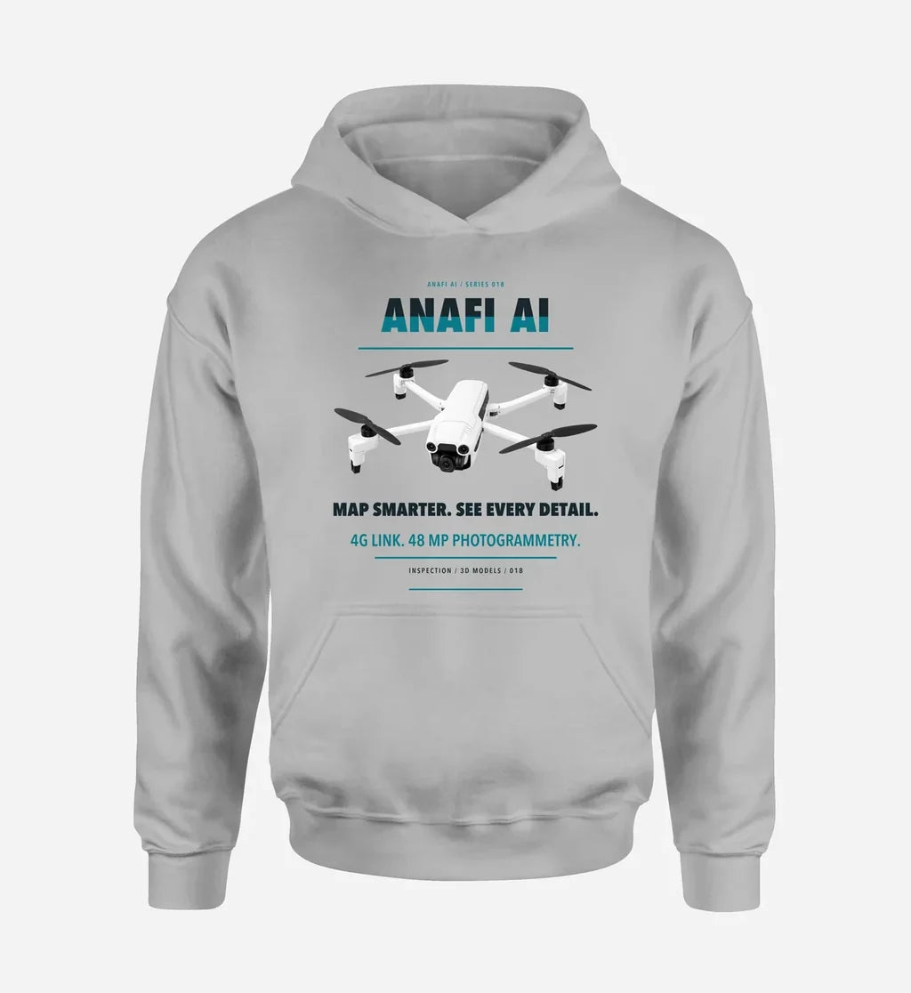 Parrot ANAFI Ai design on light gray hoodie single side