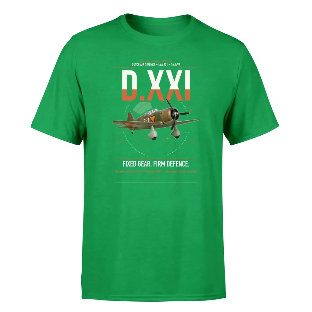 Fokker D.XXI — Dutch LVA aircraft 221 design on green t-shirt, single-side print