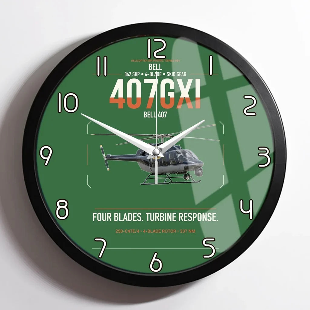 Bell 407GXi design on green framed wall clock