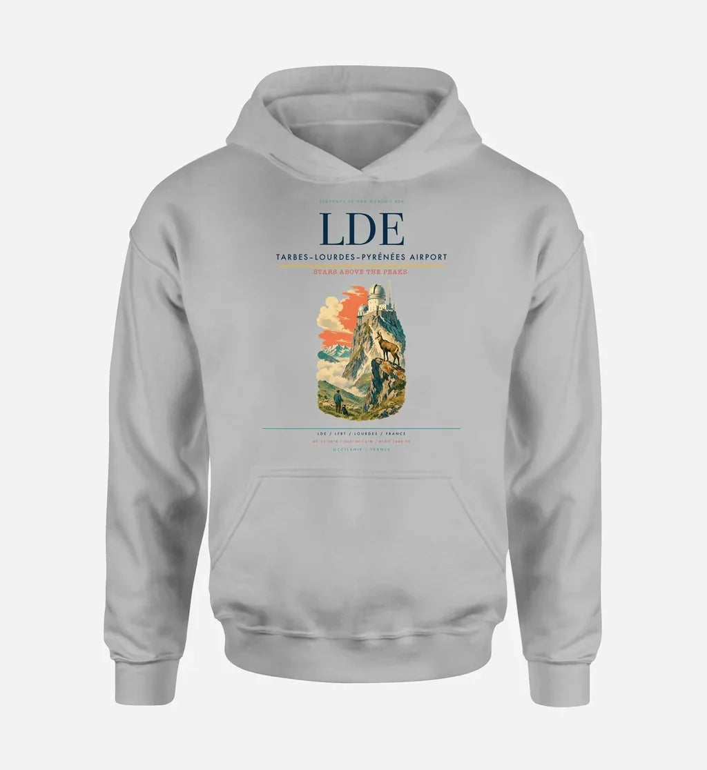 Tarbes–Lourdes–Pyrénées Airport (LDE) design on light gray hoodie single-side print