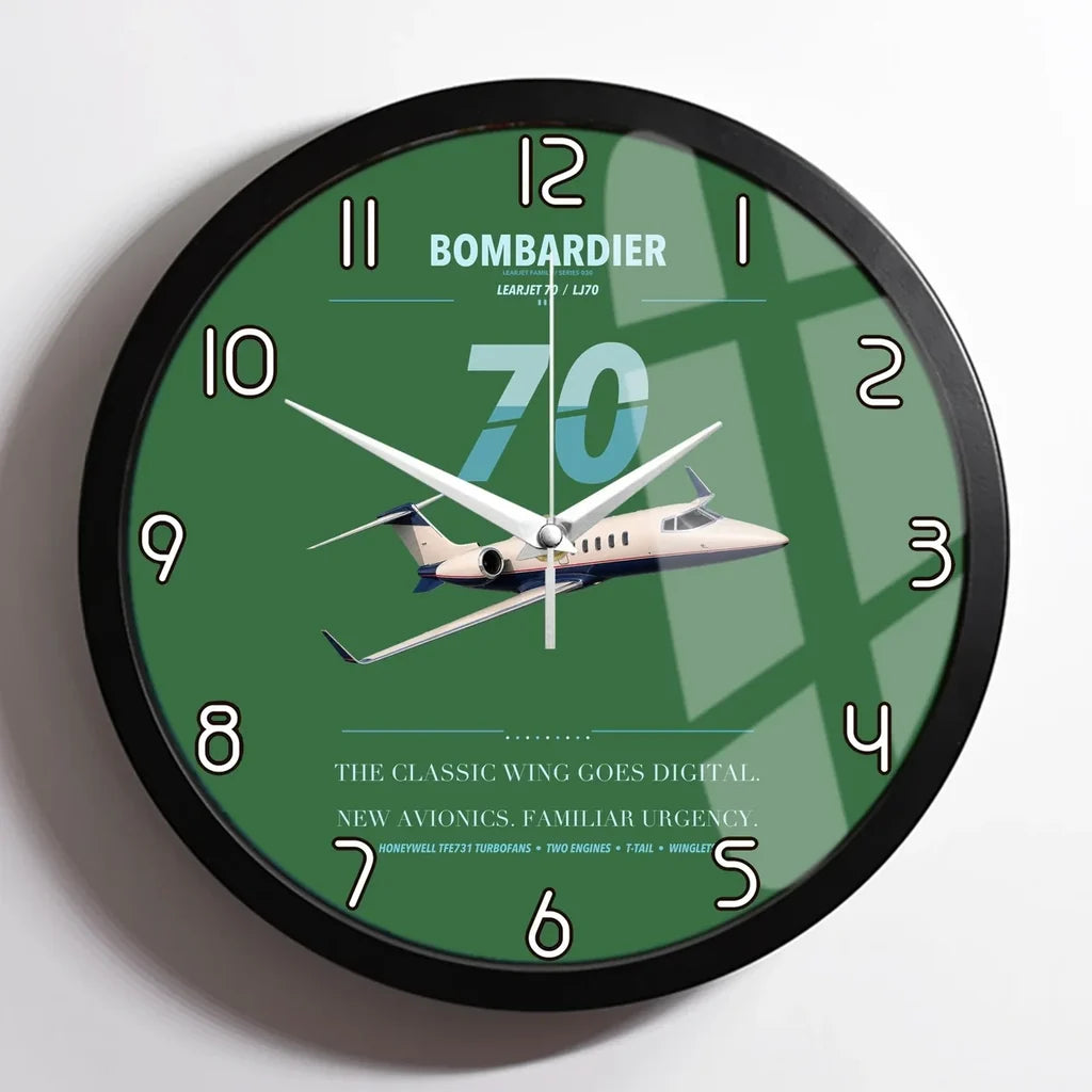 Bombardier Learjet 70 design on green framed wall clock