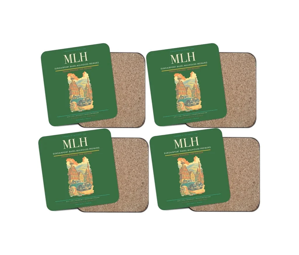 EuroAirport Basel-Mulhouse-Freiburg (MLH) design on green 4 pieces set coaster
