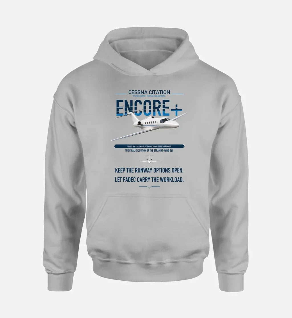 Cessna Citation Encore+ design on light gray double-side hoodie, single-side print
