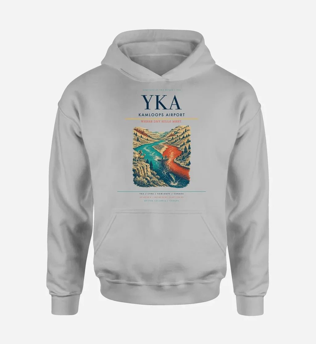 Kamloops Airport (YKA) design on light gray hoodie single-side print