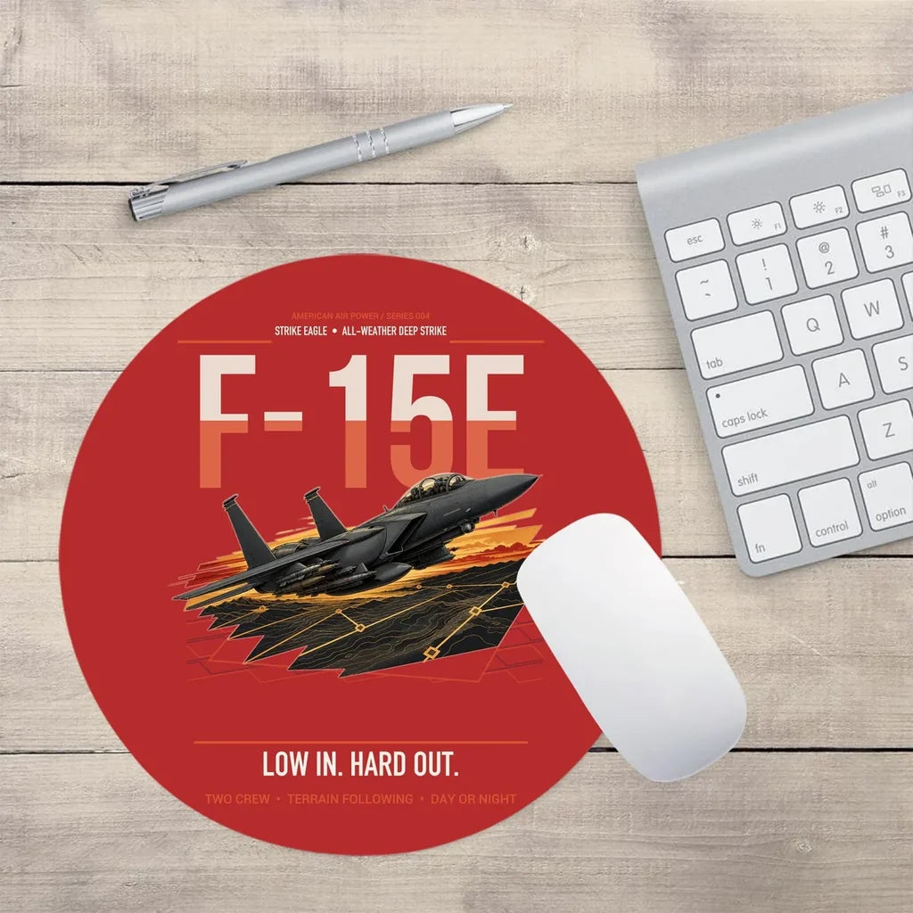 F-15E Strike Eagle design on red round mouse pad