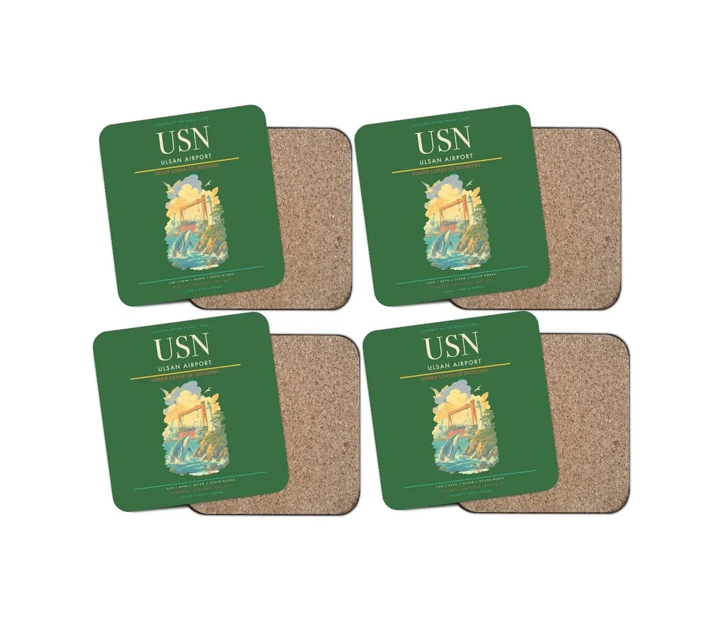 Ulsan Airport (USN) design on green 4 pieces set coaster