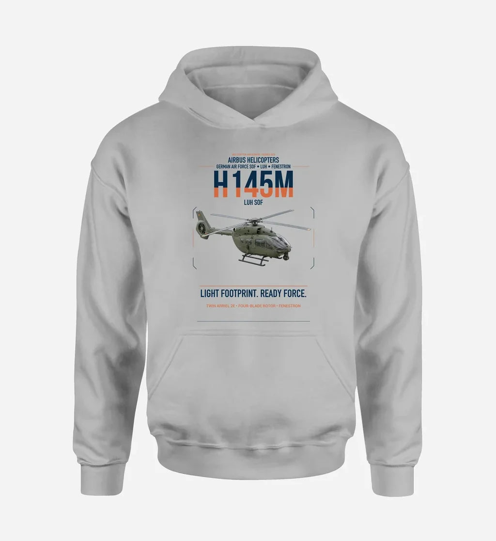 Airbus Helicopters H145M LUH SOF design on light gray double-side hoodie, single-side print