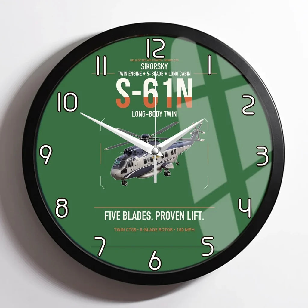 Sikorsky S-61N design on green framed wall clock