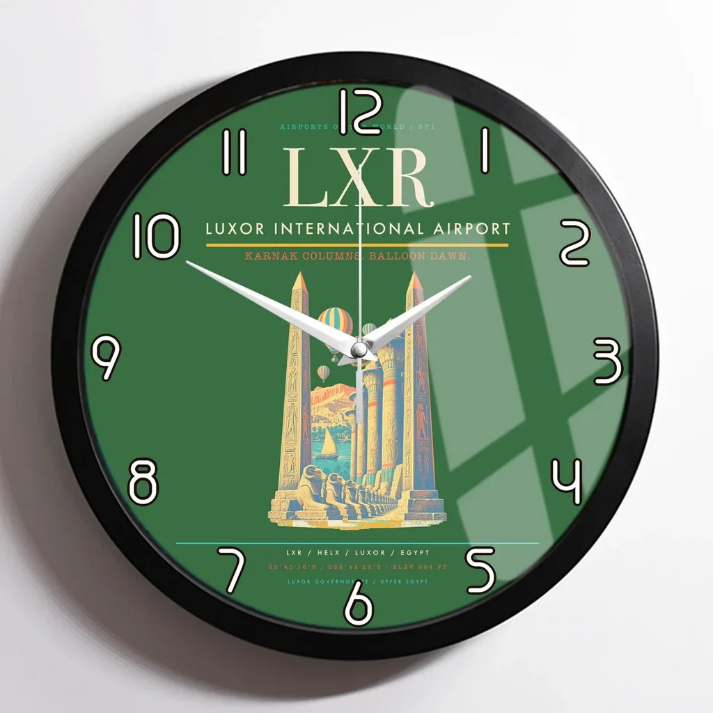 Luxor International Airport (LXR) design on green framed wall clock
