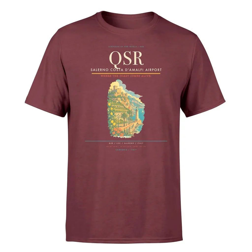 Salerno Costa d'Amalfi Airport (QSR) T-Shirt single-side front print in Dark Red | salerno-costa-damalfi-airport-qsr-double-side-t-shirt