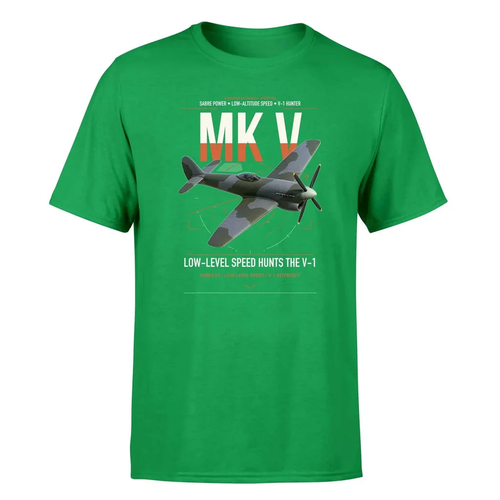 Hawker Tempest Mk V design on green t-shirt, single-side print