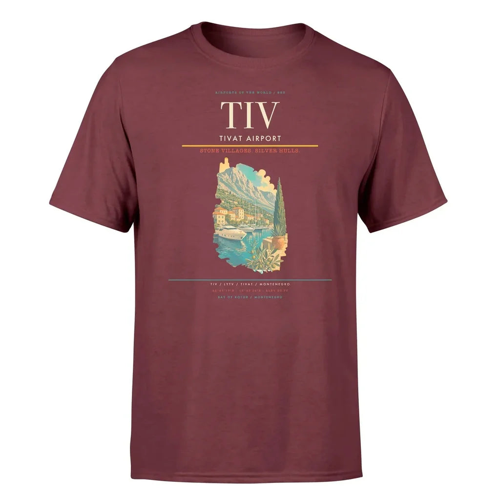 Tivat Airport (TIV) T-Shirt single-side front print in Dark Red | tivat-airport-tiv-double-side-t-shirt