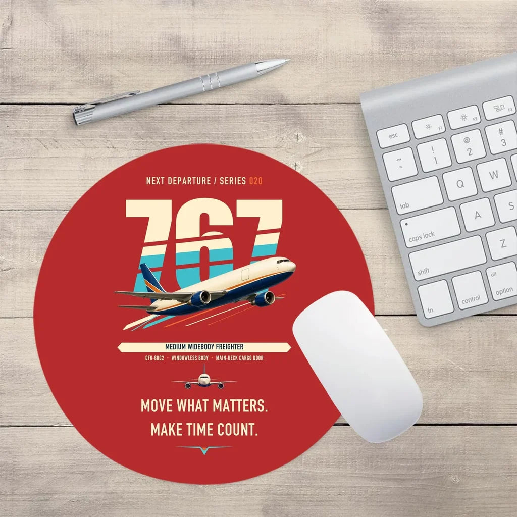Boeing 767-300F design on red round mouse pad