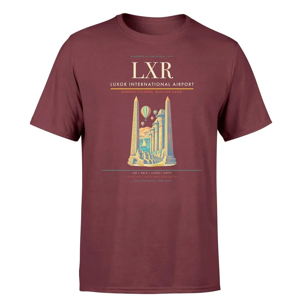 Luxor International Airport (LXR) T-Shirt single-side front print in Dark Red | luxor-international-airport-lxr-double-side-t-shirt