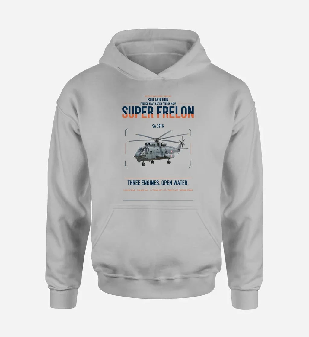 Sud Aviation SA 321G Super Frelon design on light gray double-side hoodie, single-side print