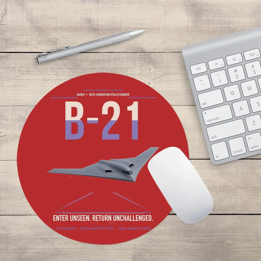 B-21 Raider design on red round mouse pad