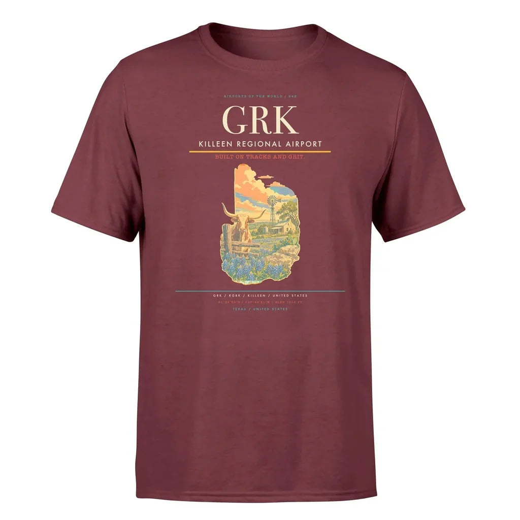 Killeen Regional Airport (GRK) T-Shirt single-side front print in Dark Red | killeen-regional-airport-grk-double-side-t-shirt