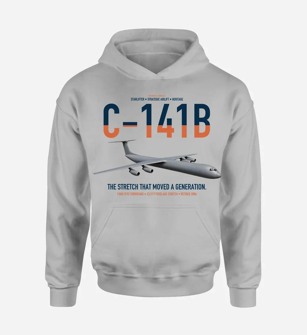 C-141B Starlifter design on light gray double-side hoodie, single-side print