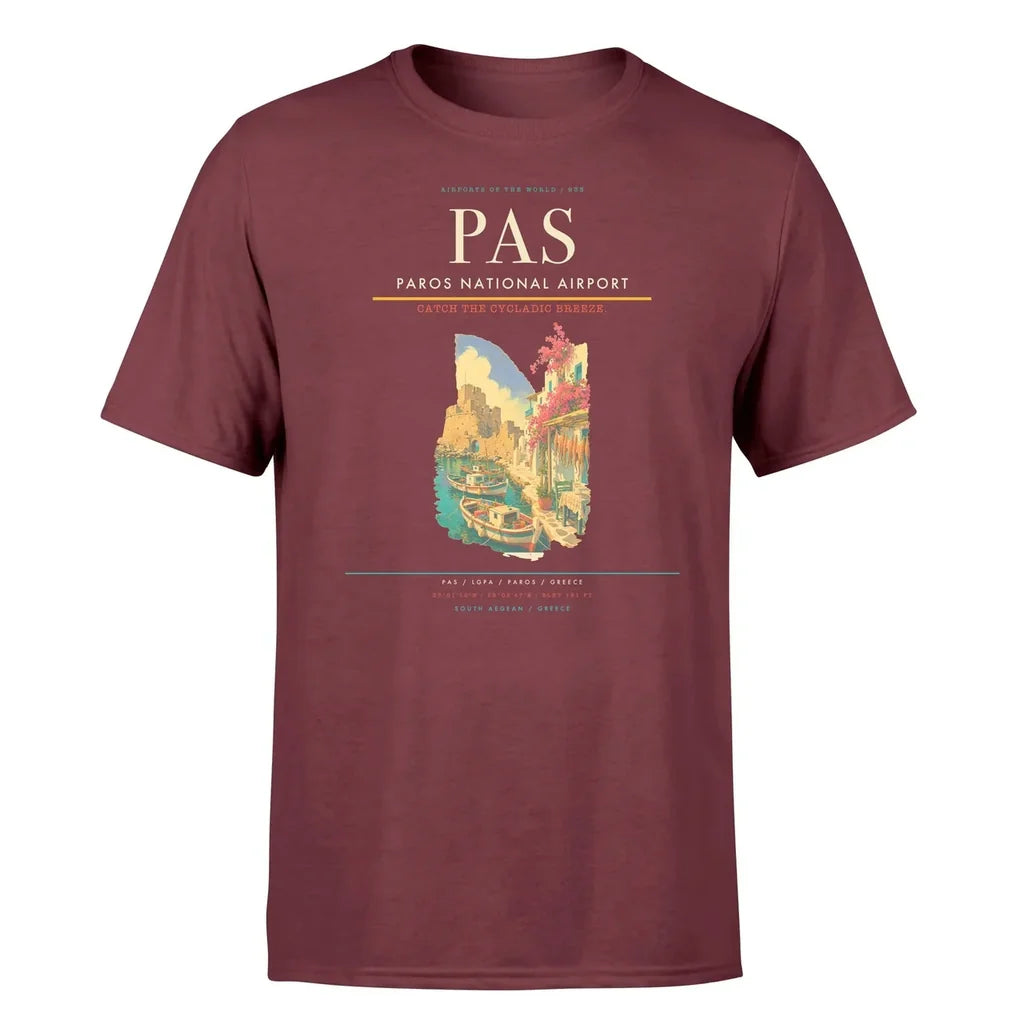 Paros National Airport (PAS) T-Shirt single-side front print in Dark Red | paros-national-airport-pas-double-side-t-shirt